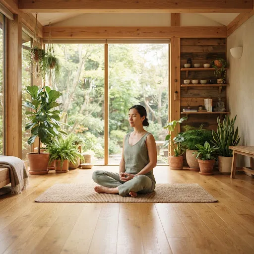 A calm, light-filled studio set up for a yoga and wellness session